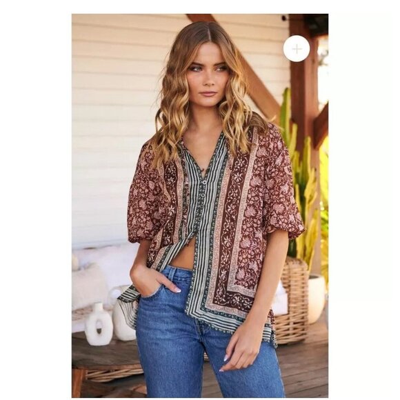 We The Free Border Batik Top Chestnut Brown Floral Size XS - Picture 1 of 9